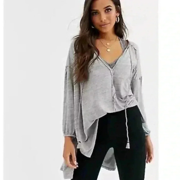 FREE PEOPLE Gray Just A Henley Linen Blend Oversized Top S - Picture 1 of 15